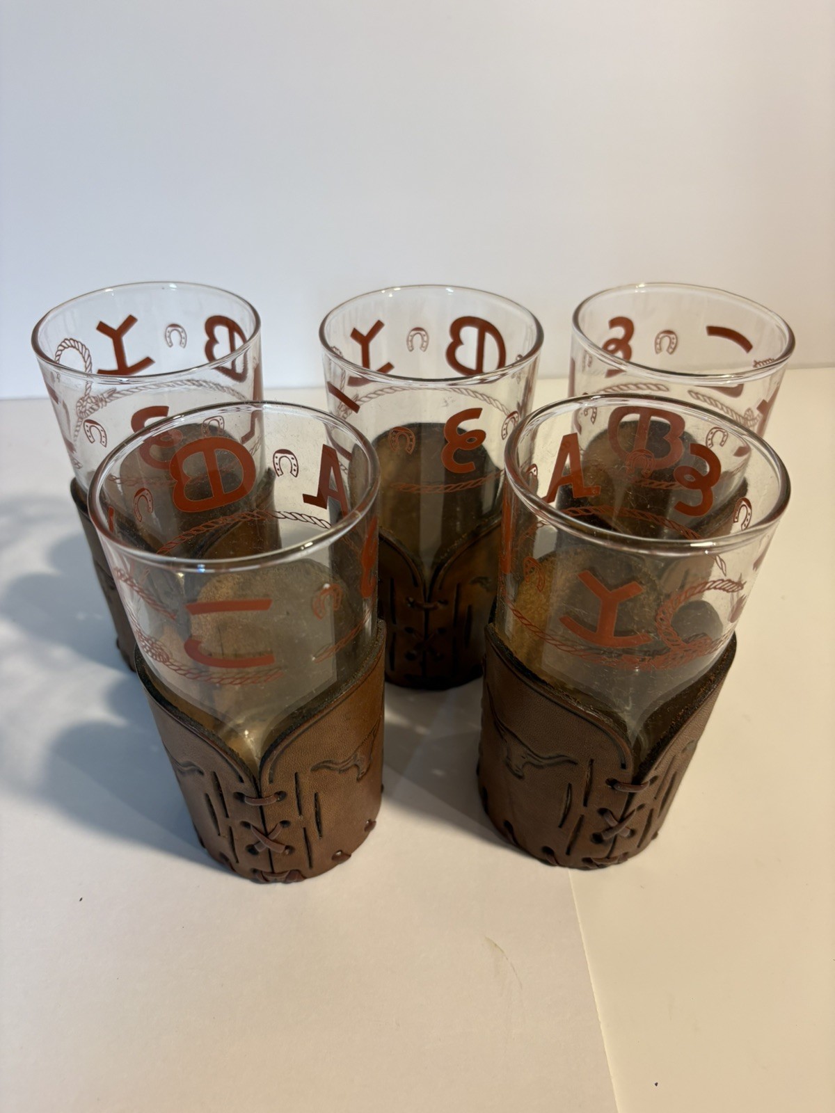 5Vintage Libbey Bamco Western Tooled Leather High Ball Glasses- 5 1/4″ Bar Set