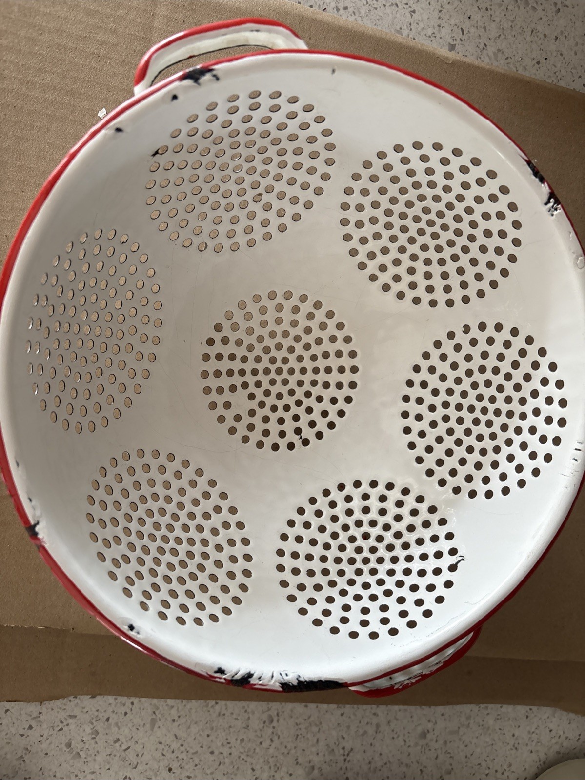 Vintage White Enamel Metal Colander Strainer Red Rim Handles Farmhouse Decor