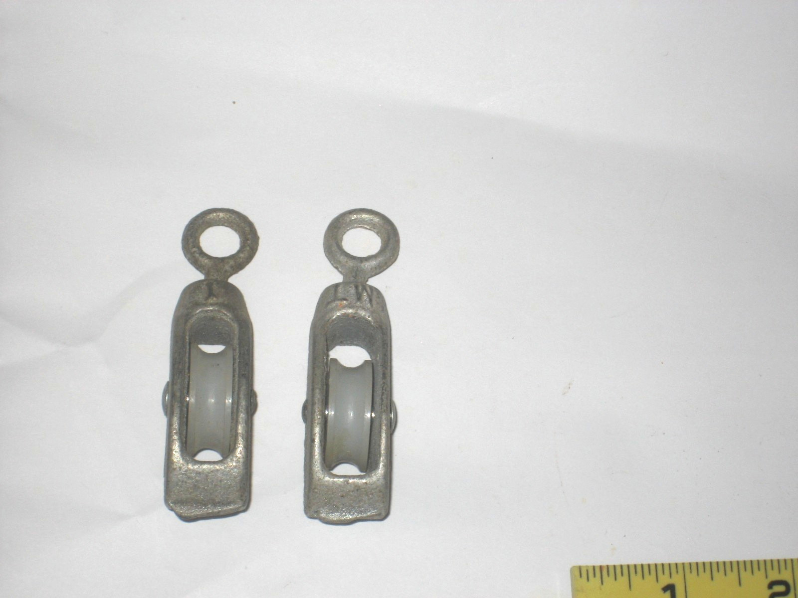 2 Vintage Cast Iron Pulley – Signed MT 1- 3 Inch Plastic Wheel