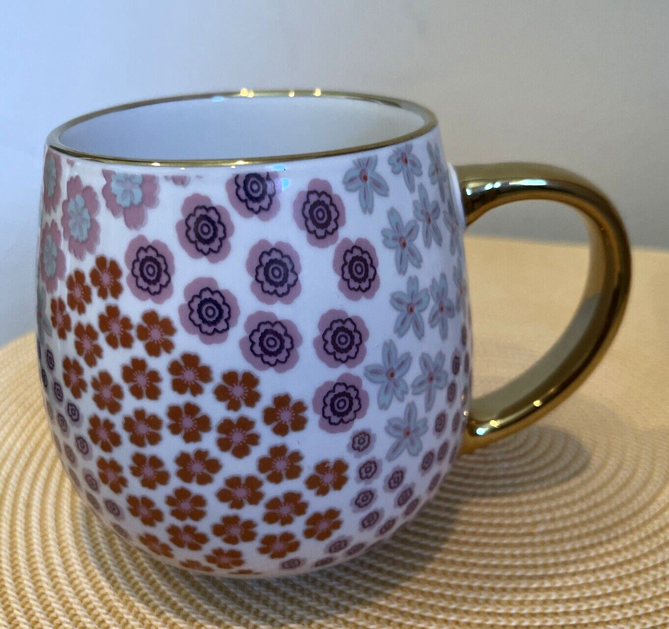 Thyme & Table Stoneware Gold Mod Floral 16oz Coffee Mugs Set Of 2 New Core Home