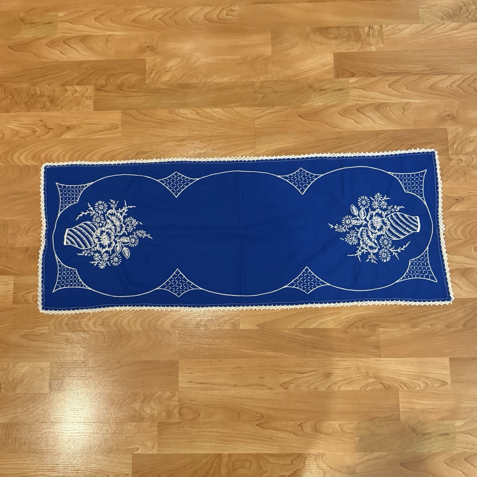 Vintage Hand-Embroidered & Crocheted Edge Dark Blue Table Runner Doily 36”x 14”