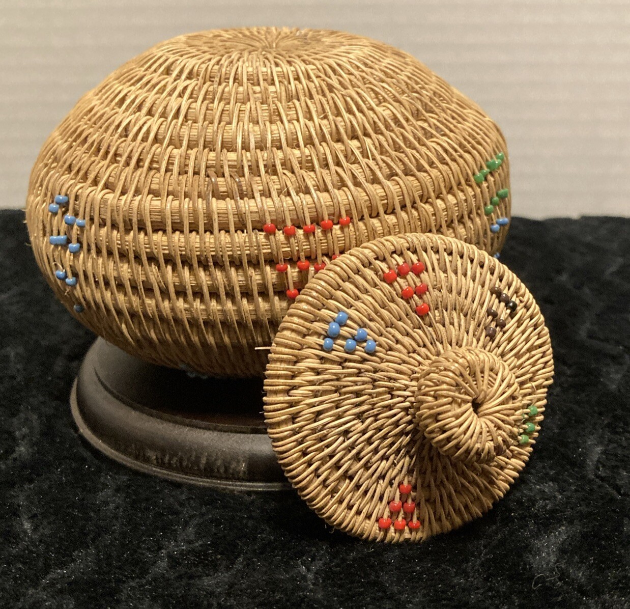 Vintage Coiled Beaded Round Lidded Basket With Seed Beads/Indomesia