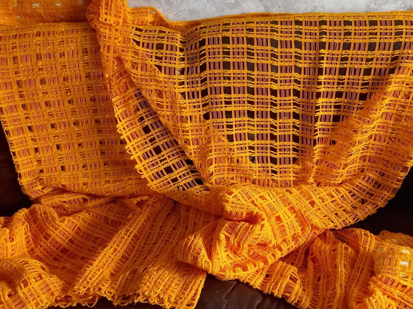 Vintage bright yellow mesh curtains Scandinavian design MCM Set of 2. 1960s–70s.