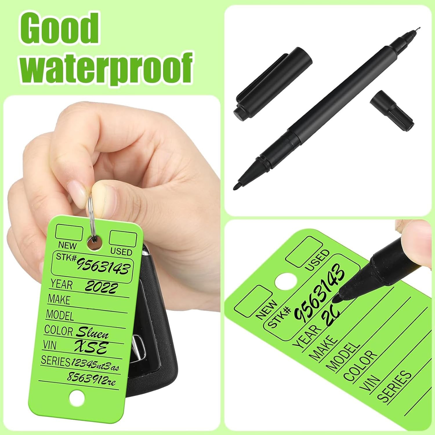 200 Pcs Poly Car Key Tags with 200 Pcs Rings and 2 Markers, Plastic Key Ring Tag