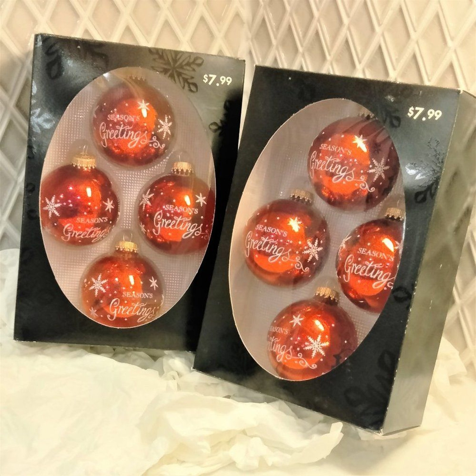Christmas Seasons Greetings 8-Red Glass Holiday Ornaments Original Boxes