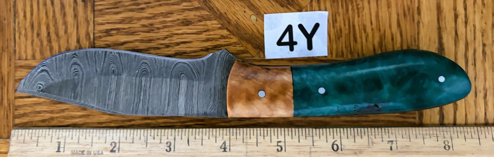 DAMASCUS STEEL SKINNING KNIFE-HARDWOOD and MICARTA HANDLE #4Y