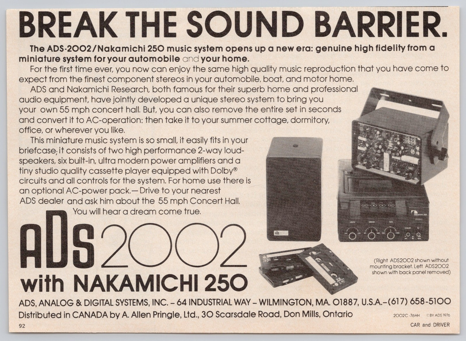 1976 ADS 2002 / NAKAMICHI 250 music system for car radio cassette Vintage Ad