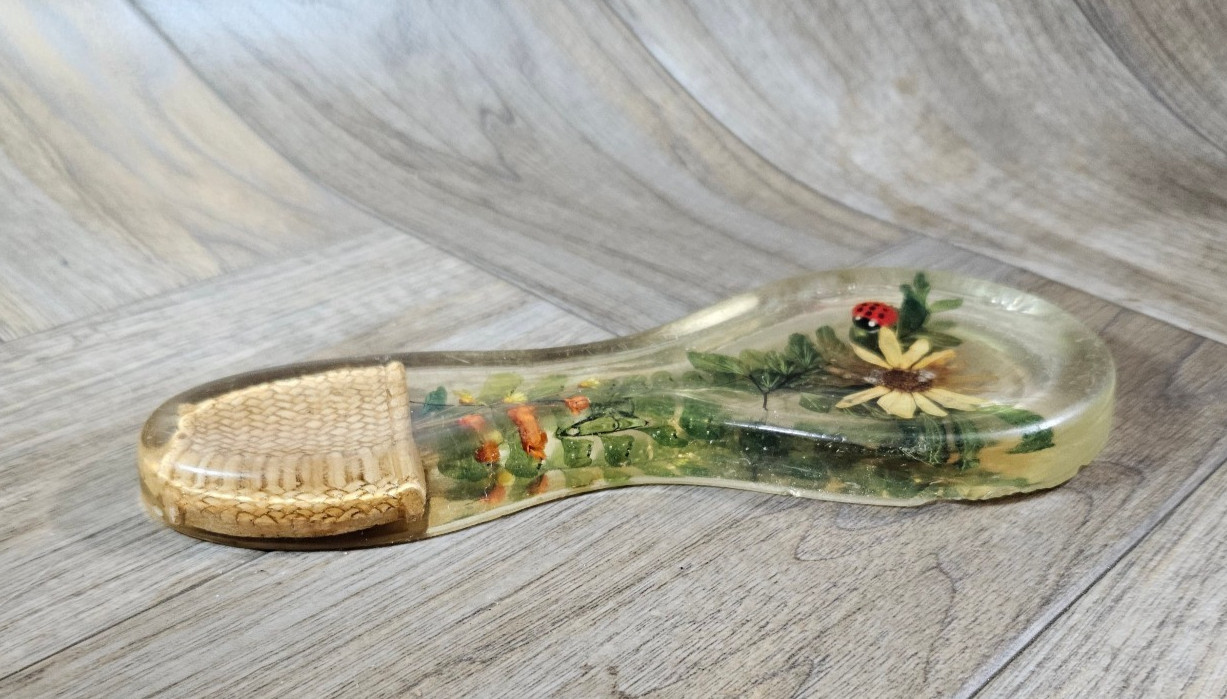 Vintage Lucite Resin Acrylic Spoon Rest Dried Flower Daisy Lady Bug Retro Decor