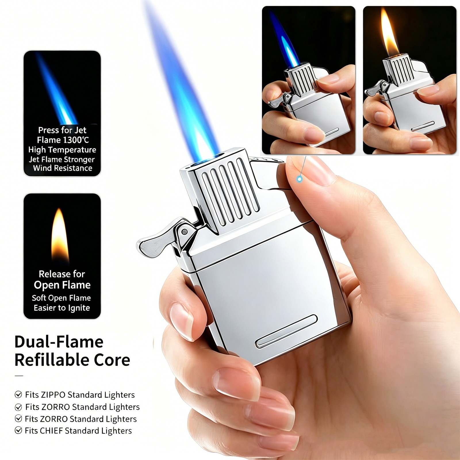 Dual Flame Lighter Insert Soft & Windproof Jet Replacement for Zippo Zorro..