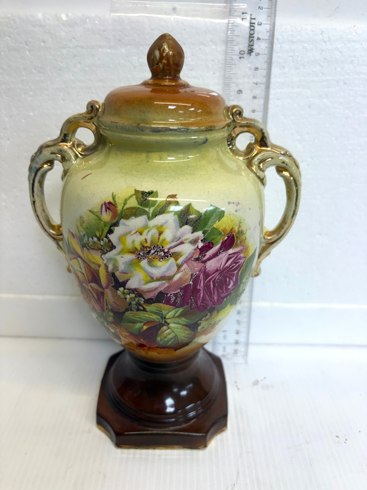 Antique Footed England Victorian Sweetheart Rose Urn Jar 11 in Tall