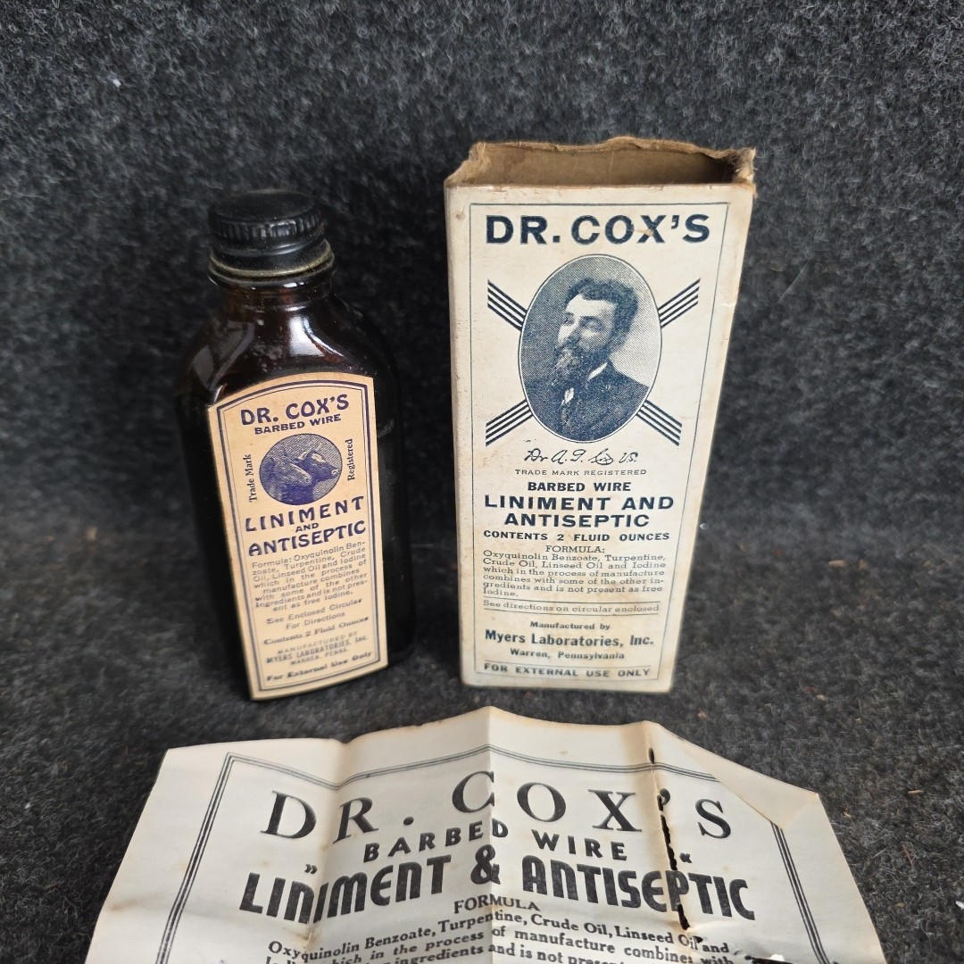 Vintage Dr Cox’s Barbed Wire Liniment Antiseptic Bottle Box Instructions Full