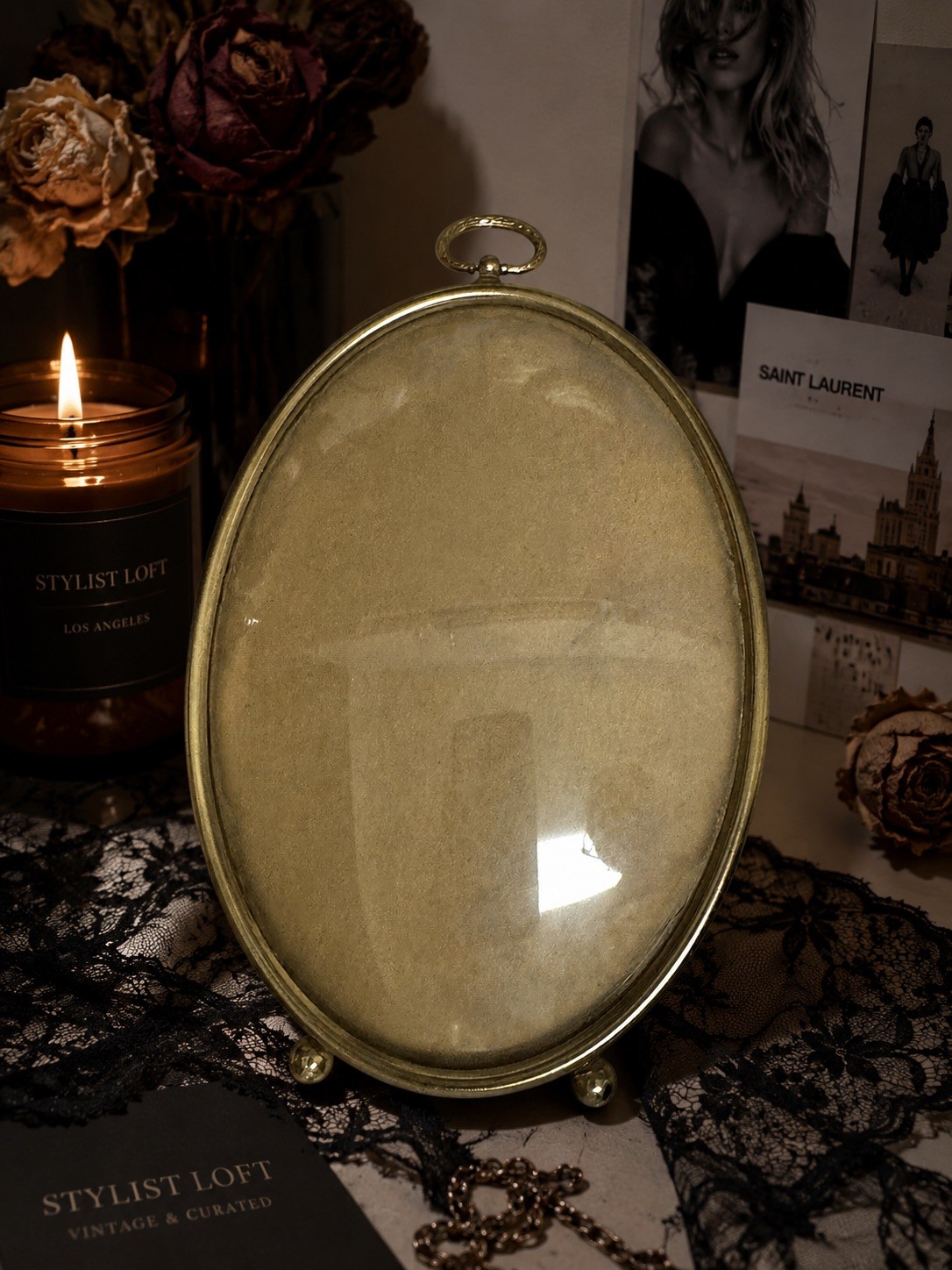 Vintage Convex Glass Oval Brass Picture Frame 5×7