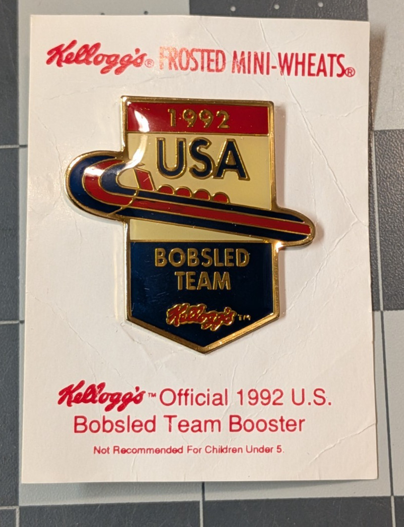 Vintage 1992 USA Bobsled Team Kellogg’s Frosted Mini-Wheats Lapel Pin Carded