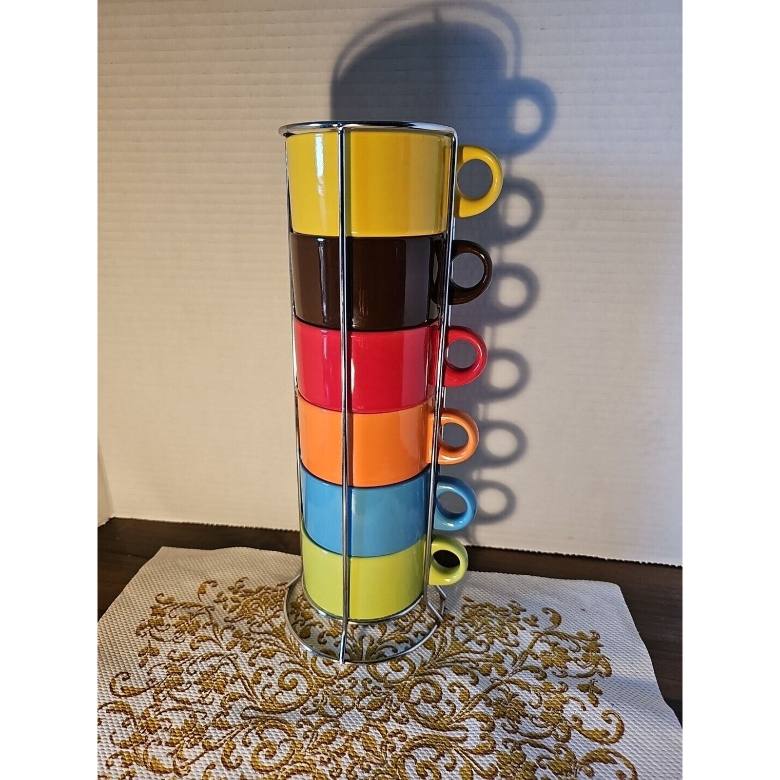 Pier One Rainbow Tea coffee cup stack, Silver Metal Slide In Stand, 6 Cups