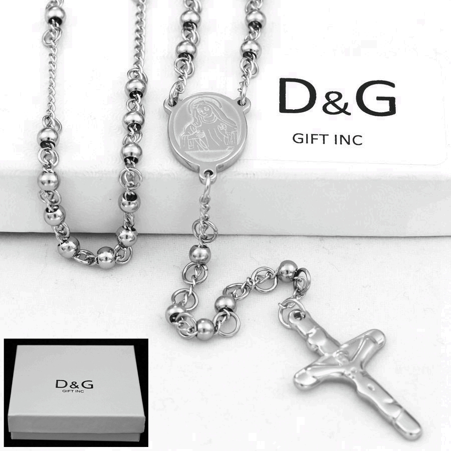 DG Men’s 24″ Stainless-Steel Beaded Rosary VIRGIN MARY+ JESUS CROSS Necklace*BOX