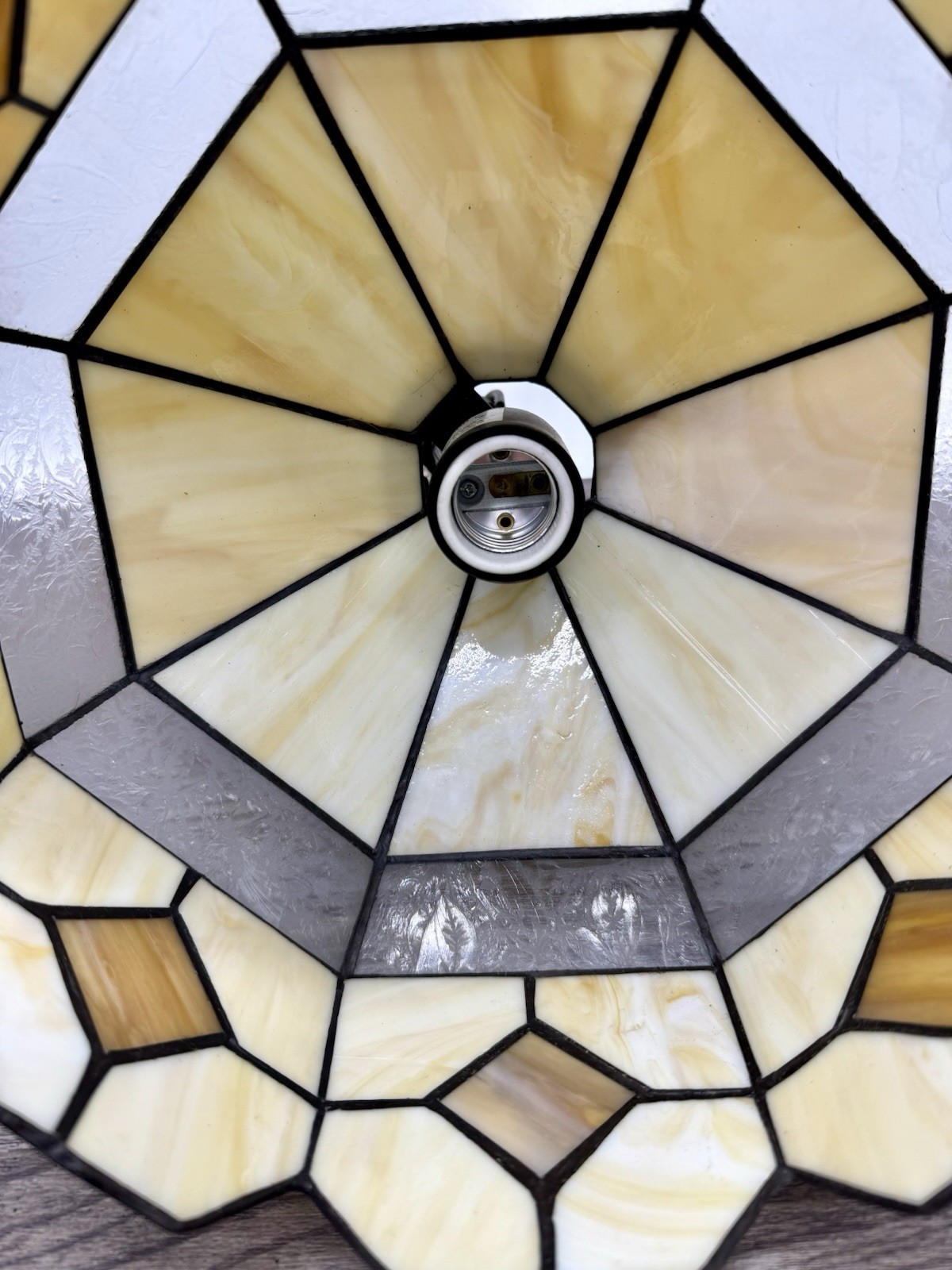 Hanging Stained Glass Beige & Clear Ceiling Light Fixture 11″ Chain & Cord VTG