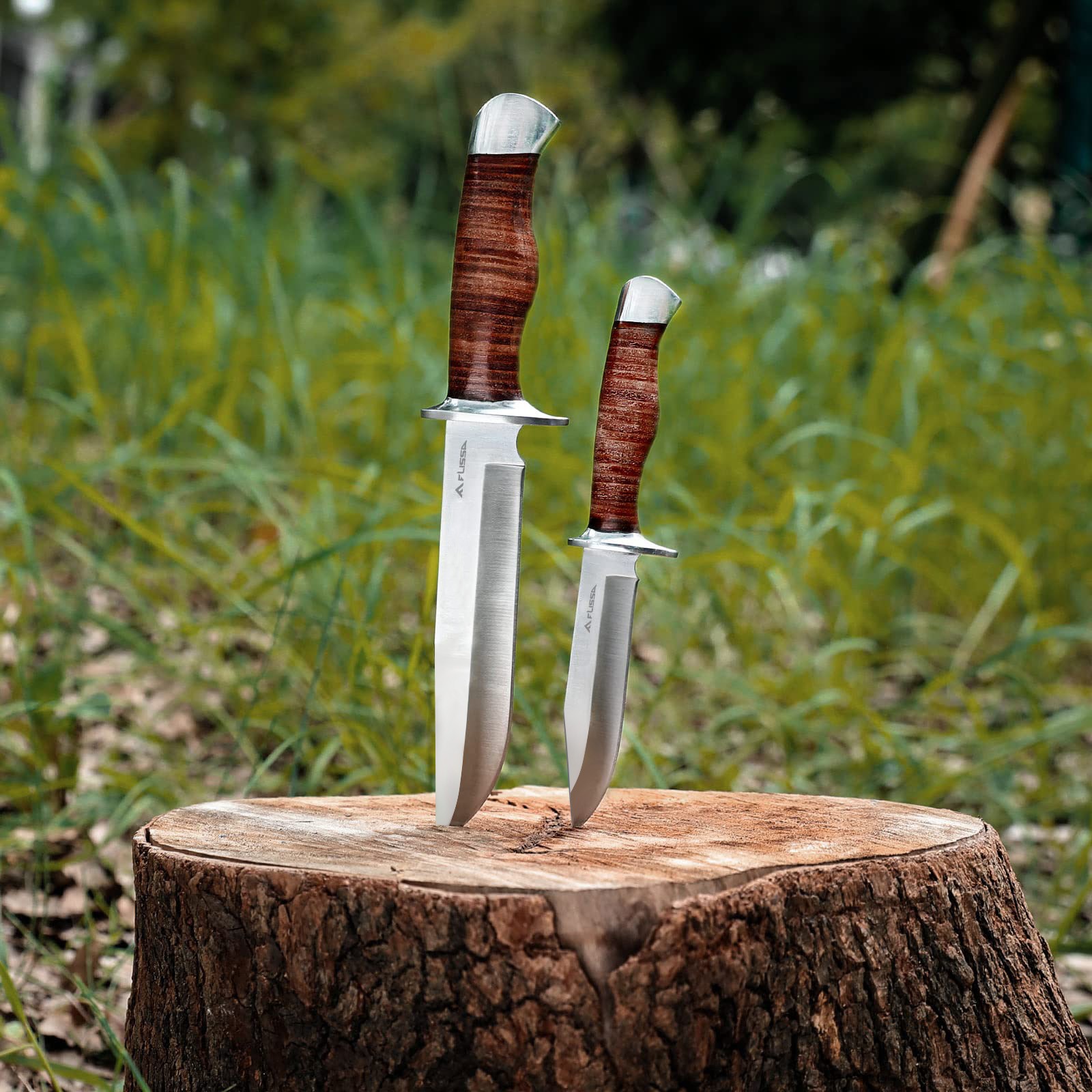 FLISSA 2-Pieces Bowie Knife Fixed Blade Hunting Knife with Sheath Leather Handle