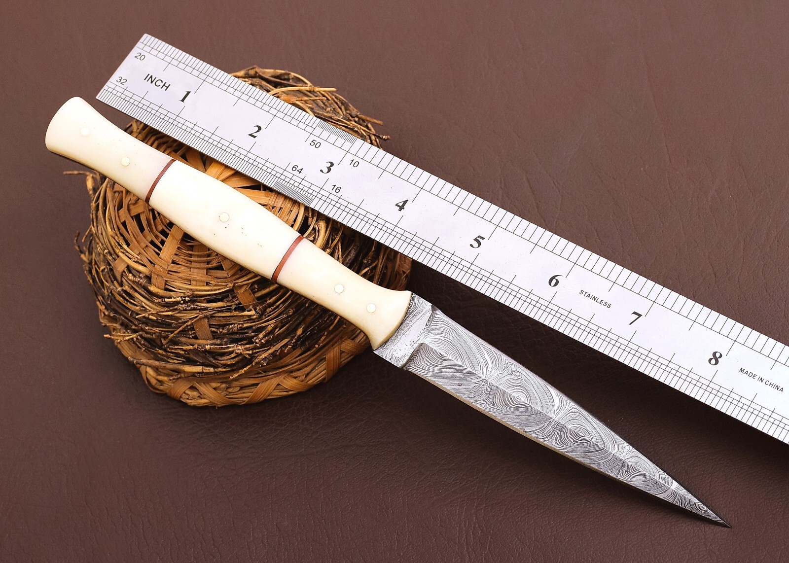 HANDMADE DAMASCUS STEEL DAGGER BOOT HUNTING KNIFE SURVIVAL CAMEL BONE HANDLE X68