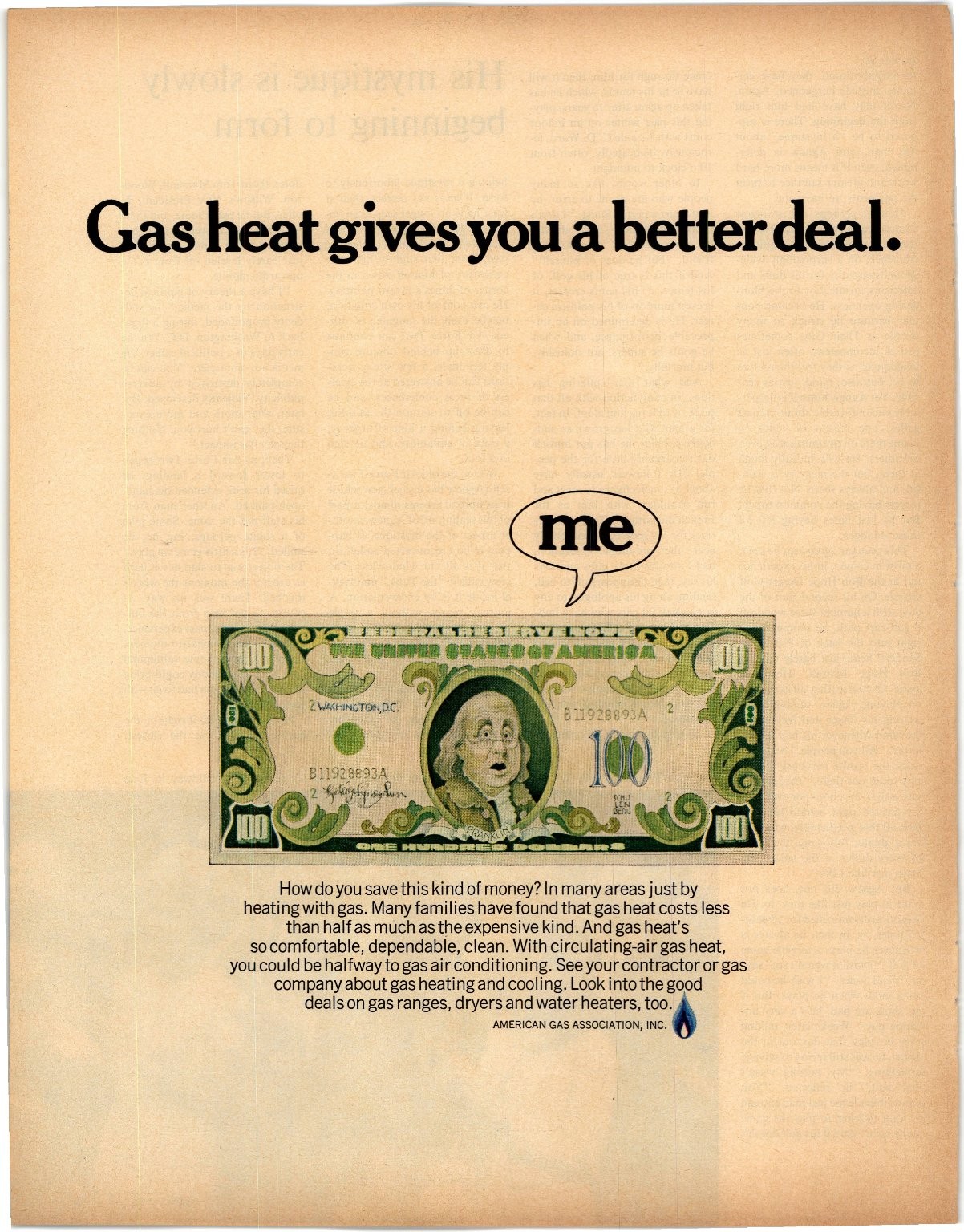 American Gas Association Magazine Ad 1960s 1970s Gas Heat $100 Bill AD092