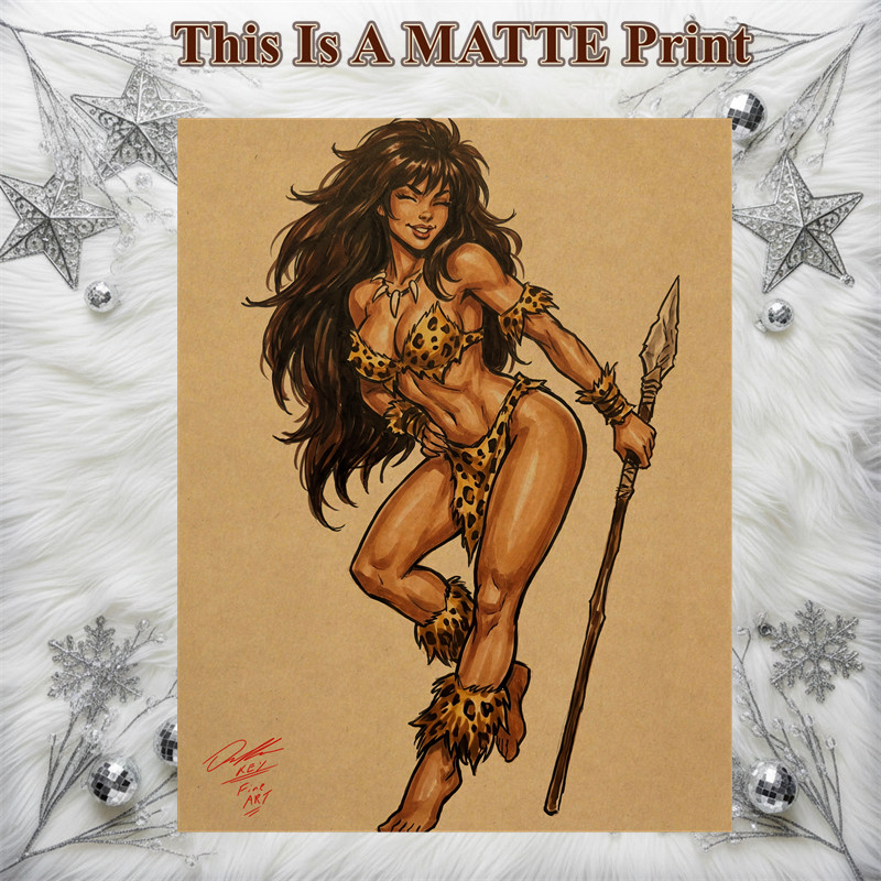 Cavewoman Color Illustration Mixed Media Fine Art Print 8.5×11 – Keyeske