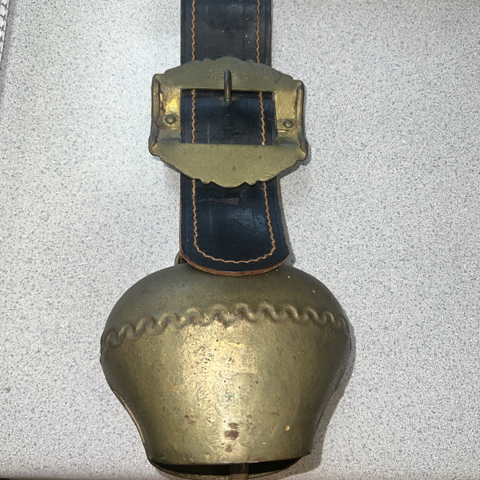 VTG Antique Swiss Cow Bell on Leather Strap w/ Ornate Buckle Loud!