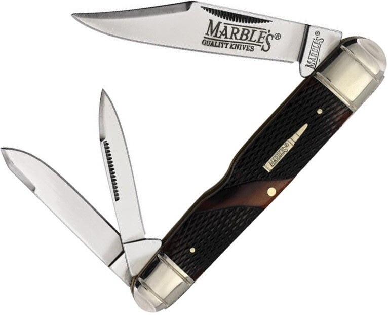 Marbles Large Whittler Pocket Knife Stainless Steel Blades Checkered Bone Handle