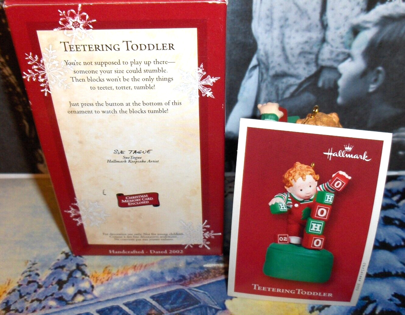 TEETERING TODDLER`2002`PUSH BUTTON ON BOTTOM-BLOCKS FALL OVER,HALLMARK ORNAMENT