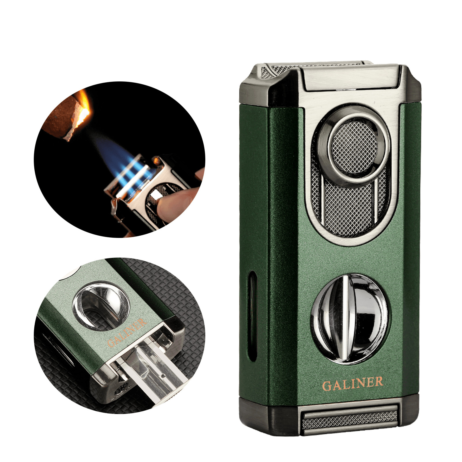 Galiner Travel 3 Jet Flame Torch Cigar Lighter Stainless V-Cutter Green Holder