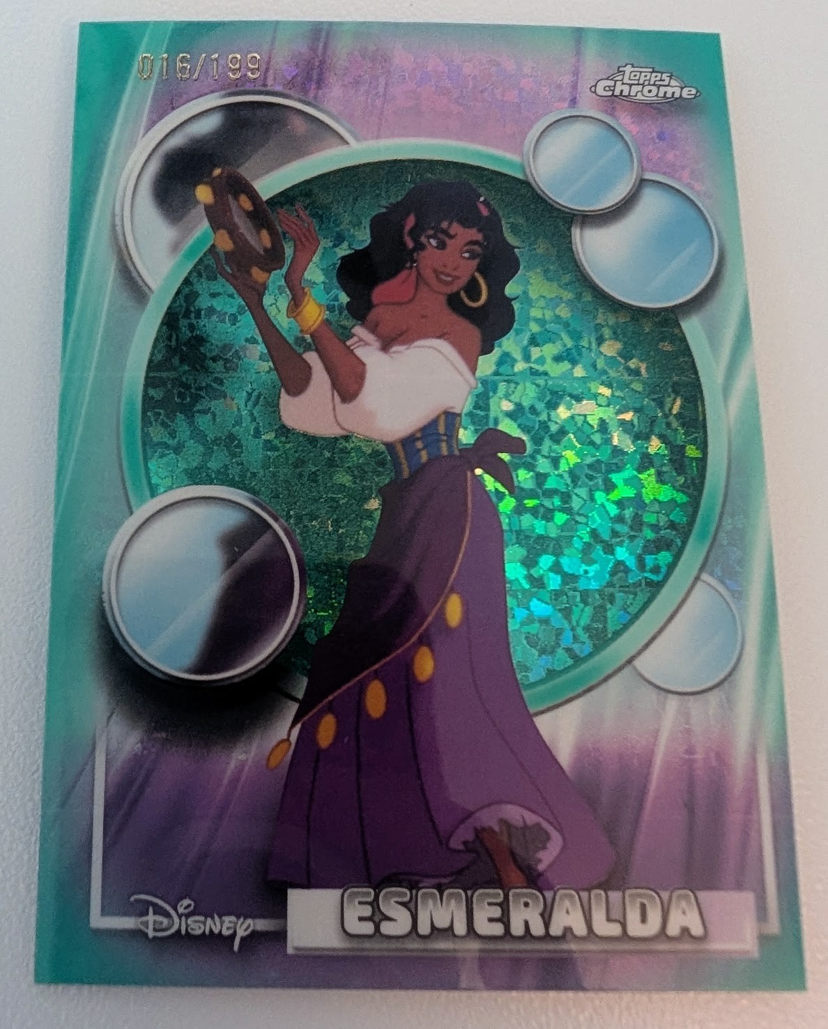 2026 Disney Topps Chrome Esmeralda Aqua Mini Diamond Parallel 016/199 #31