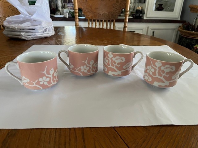 Fitz & Floyd Snack Plates and Cups, Set of 4 each, Peach & White Floral Tree