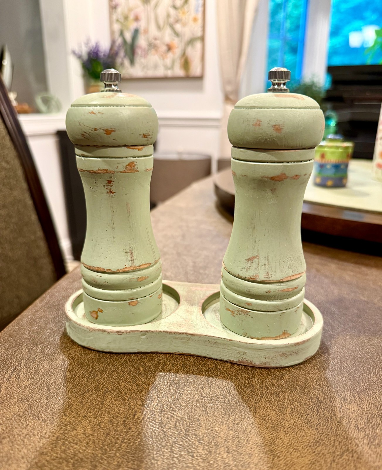 Rustic Distressed Hand Painted Wood Sage Green Salt & Pepper Grinder Set w/Tray
