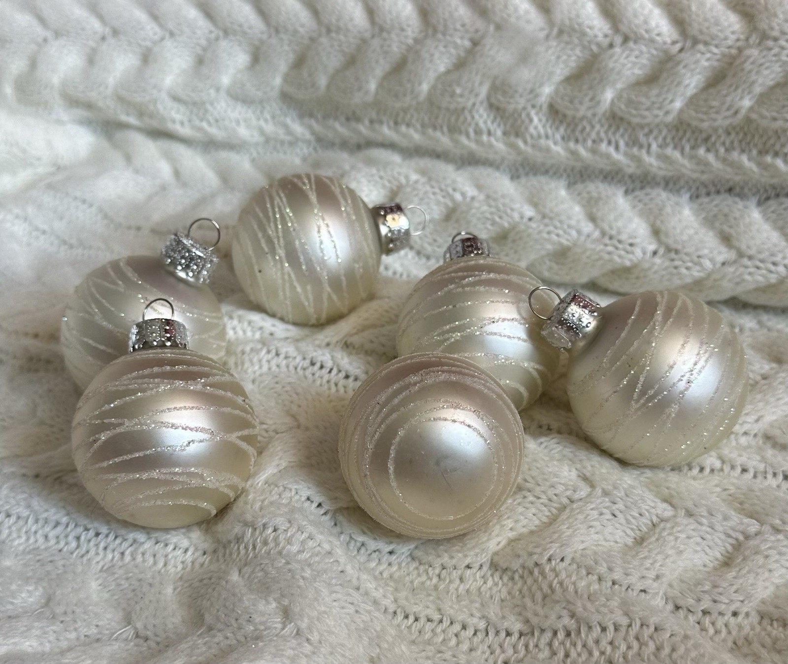 Set of 6 Vintage 2” Pearl White Glass Ornaments Glitter Swirl Satin Finish