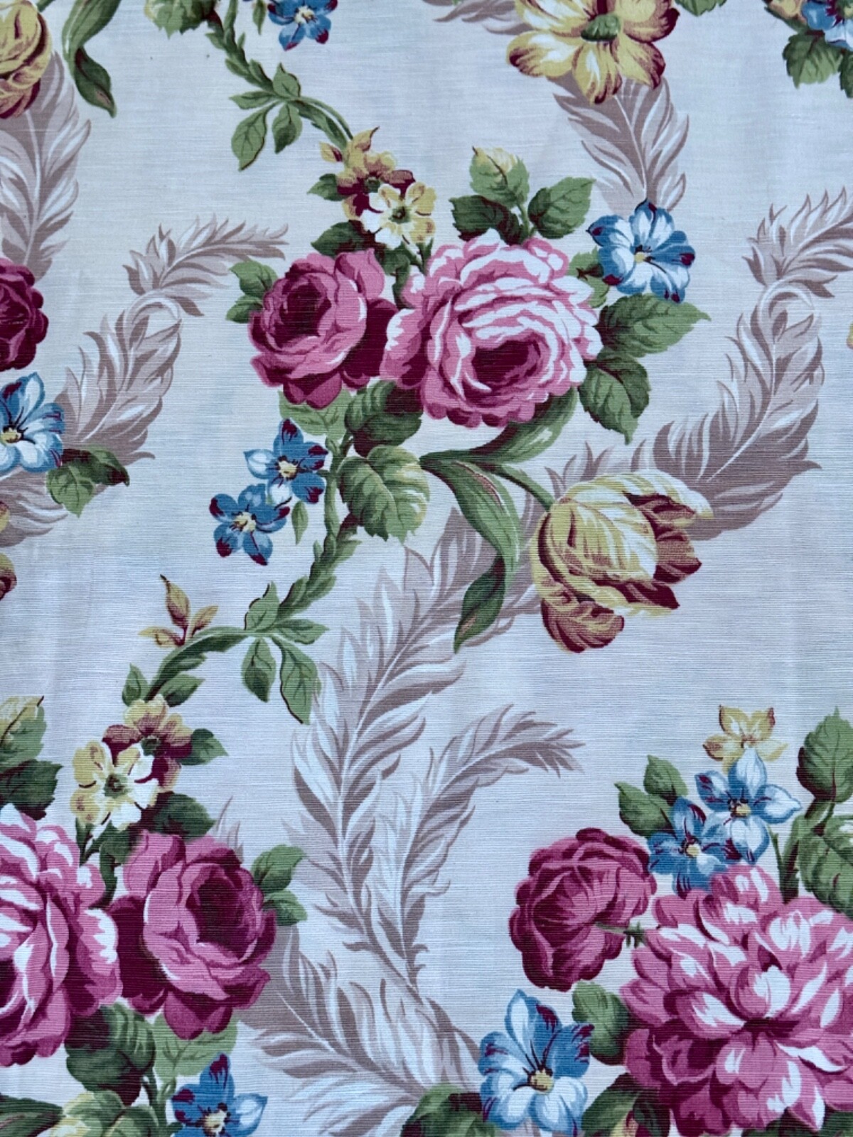 Rococo 1930s Roses & Feathers Hollywood Regency Barkcloth Faille Vintage Fabric