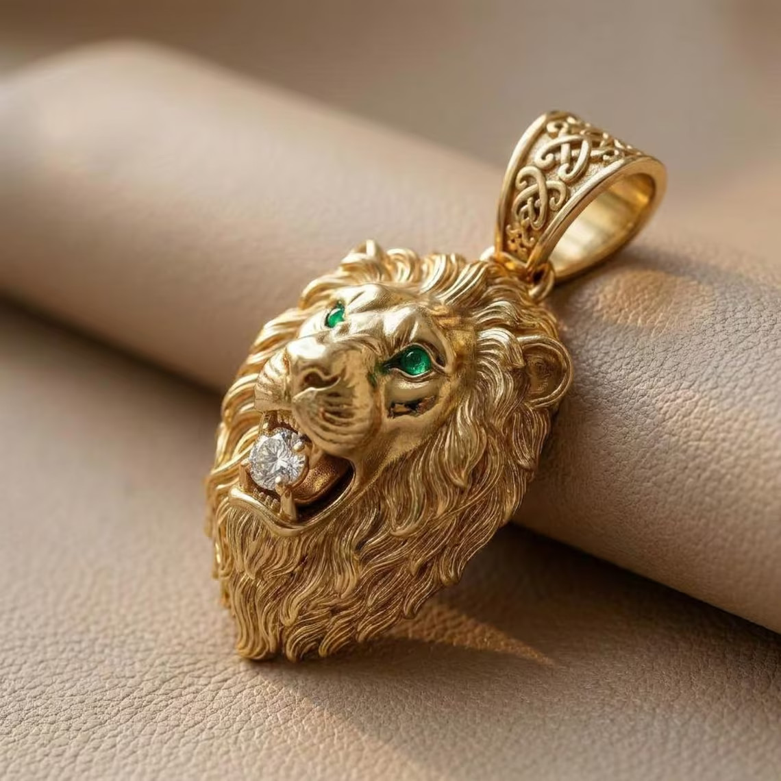 14K Yellow Gold Plated Lion Head Pendant Green Emerald Eyes Round Cut Moissanite