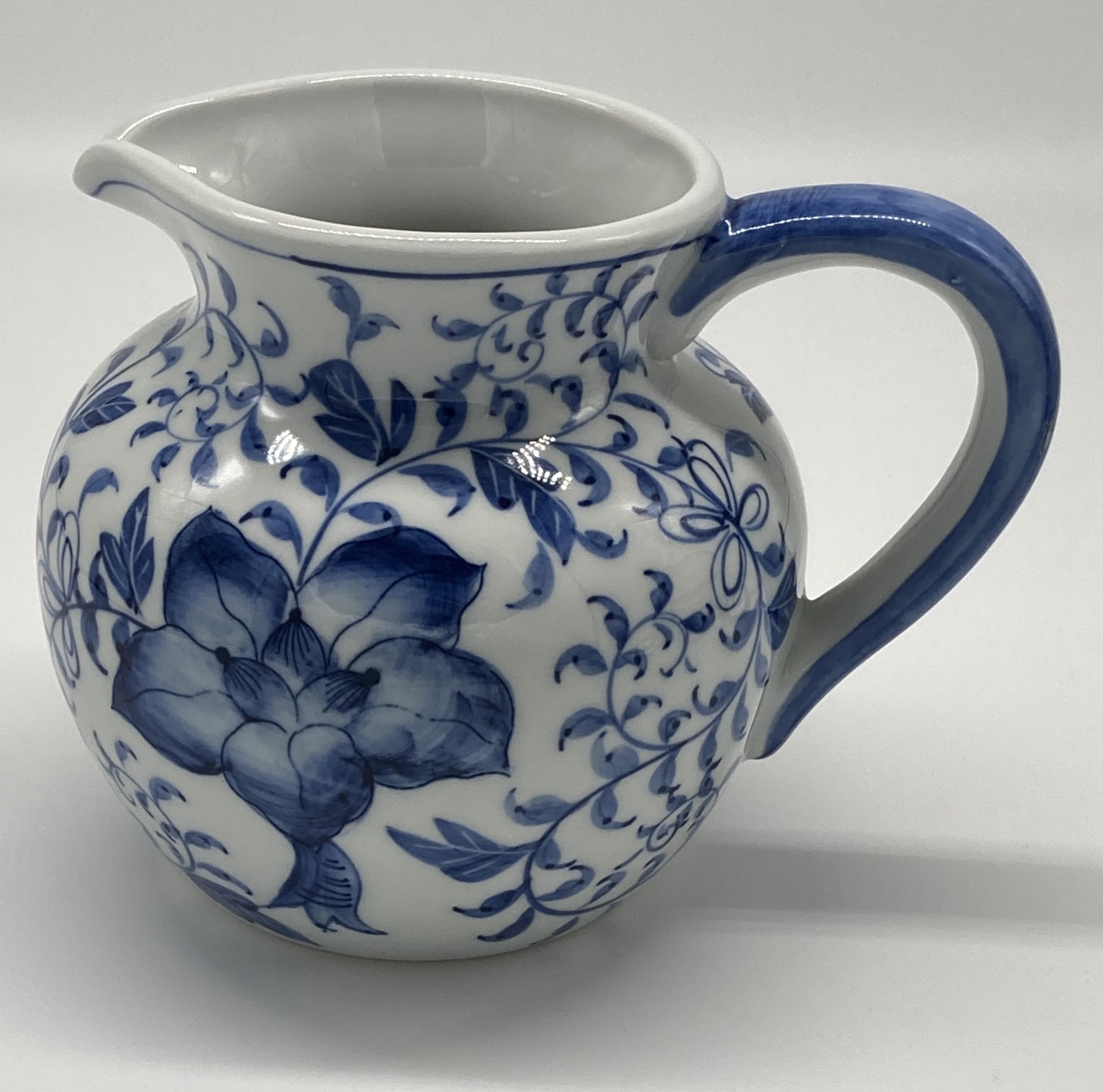 Vintage Andrea by Sadek Blue & White Floral Pitcher 5″ 1Qt LOVELY Porcelain