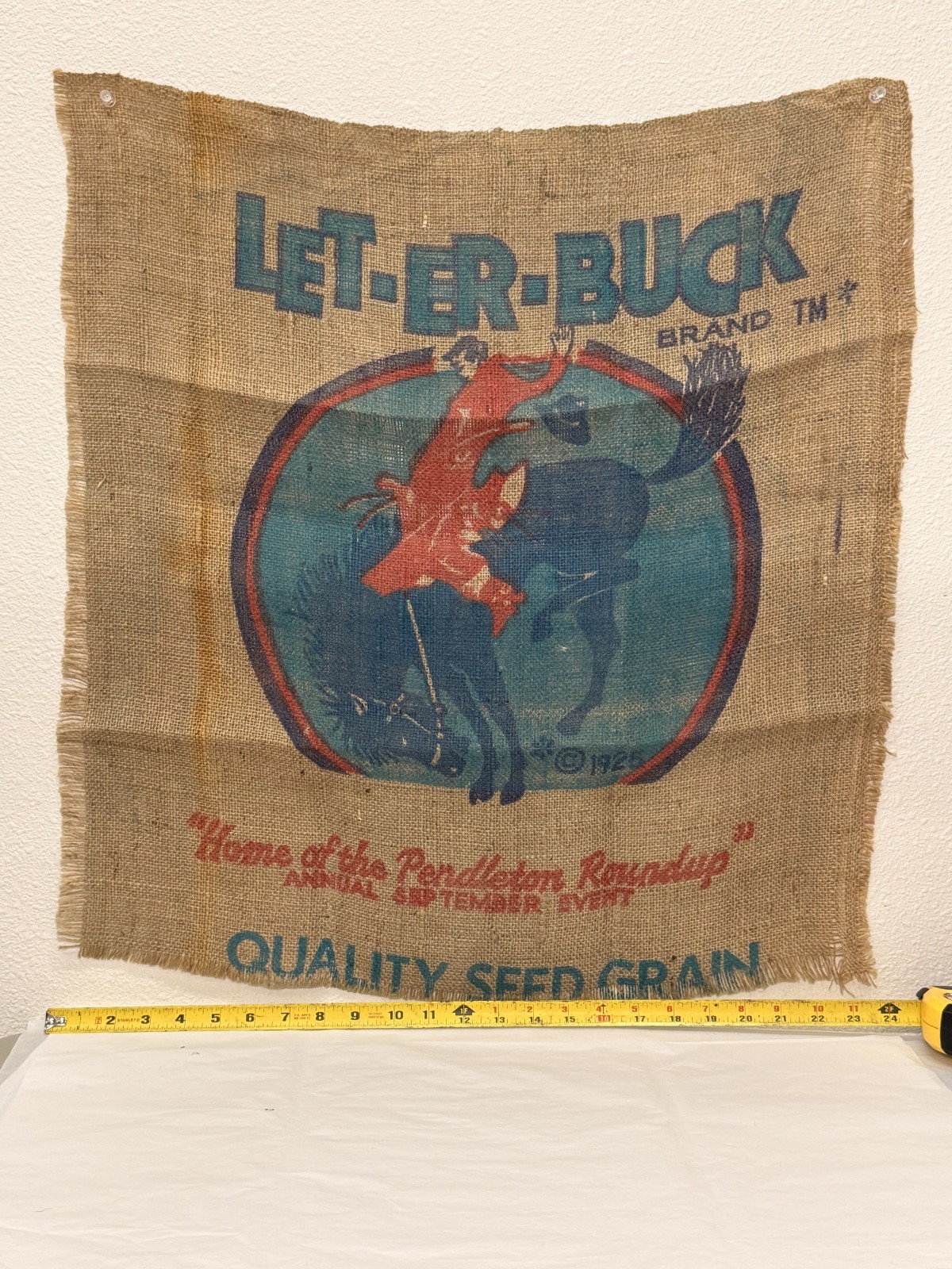 Vintage Pendleton Round-Up “Let Ur Buck” Burlap Bag Front Panel