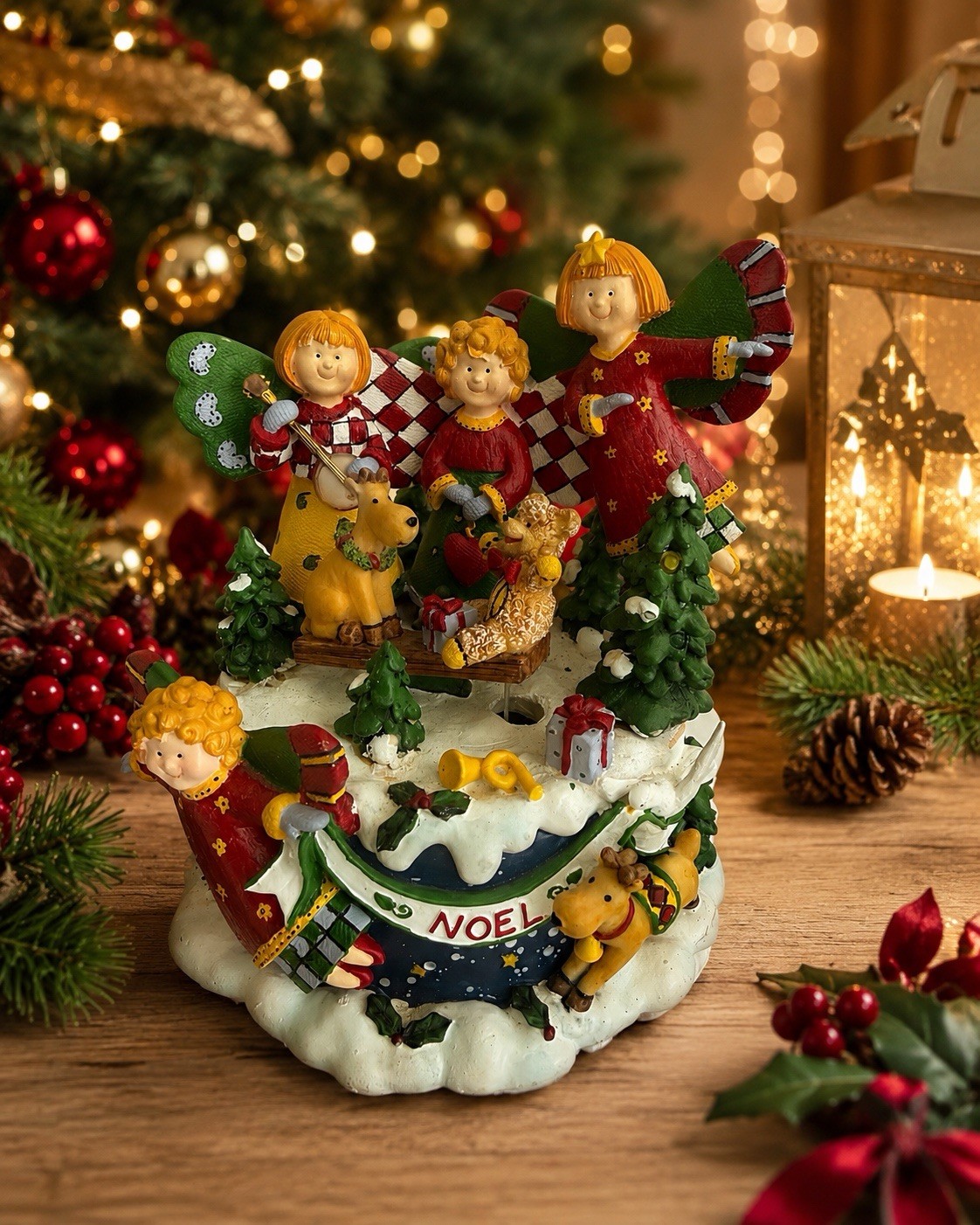 Vintage Studio Nova Christmas Patchwork Angel Music Box with lights and movement