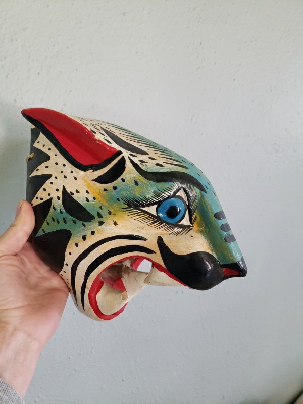 Vintage Mexican Folk Art, Tiger?leopard? Wild Cat Mask Wall Decor