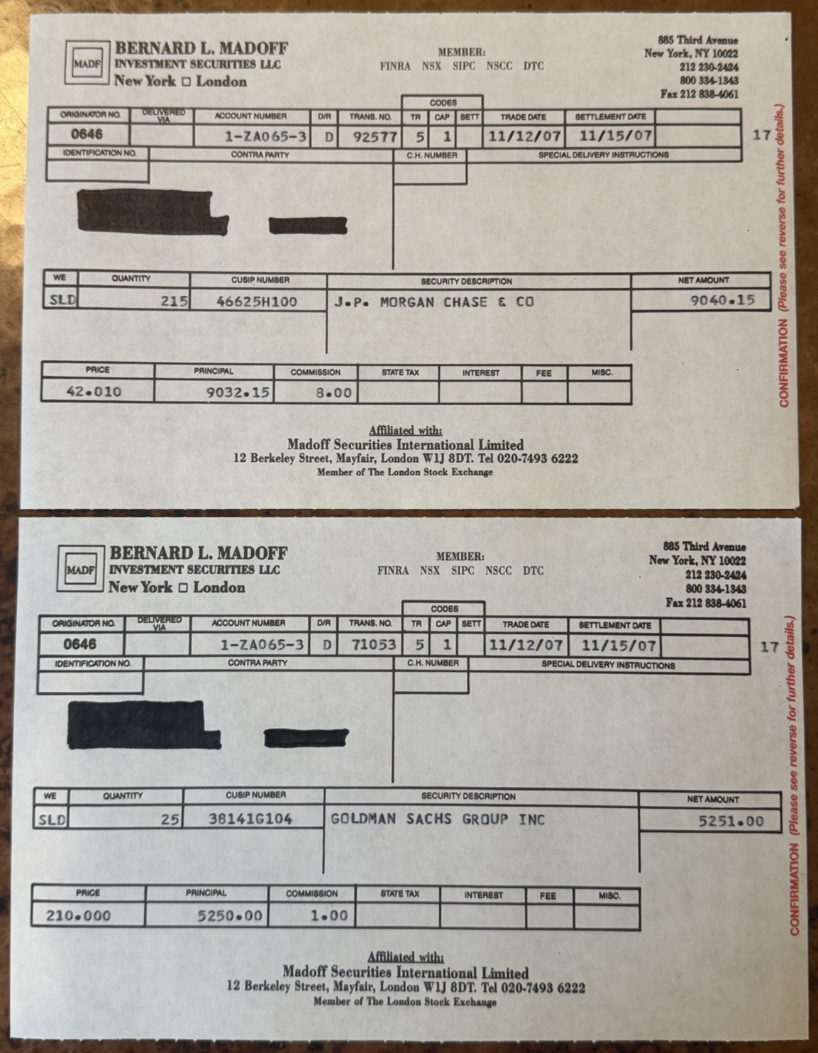 Bernie Madoff JP MORGAN CHASE + GOLDMAN SACHS Stock Trade Confirmation Slips (2)