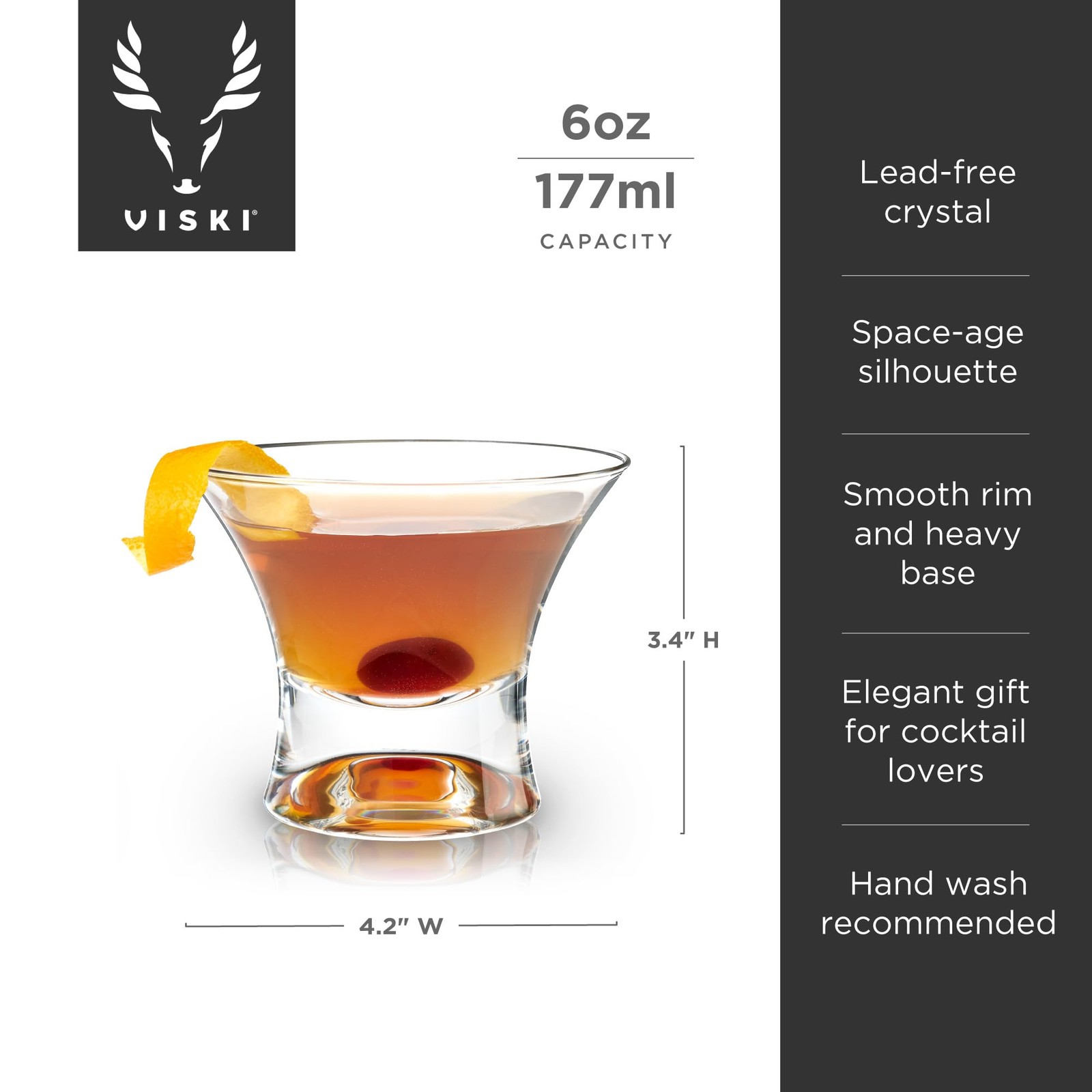 Viski Heavy Base Stemless Manhattan Glasses Set of 2 – 7 Ounces, Clear