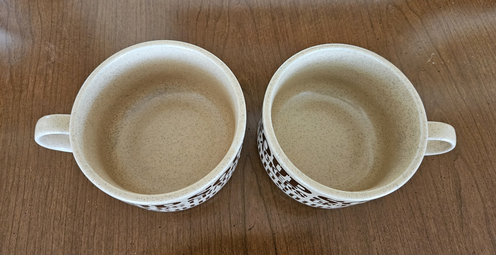 Vintage Tan Speckled Soup Crackers Stoneware Handled Bowl Mugs – Set of Two