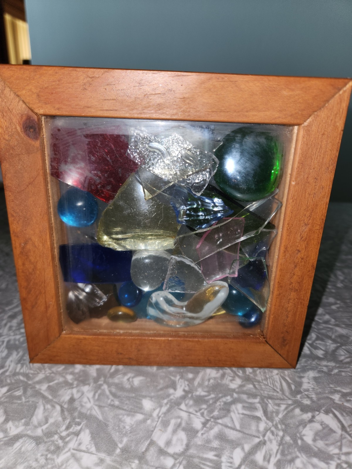 Handmade Shadow Box with Glass Pieces In Good Used Condition See Photos