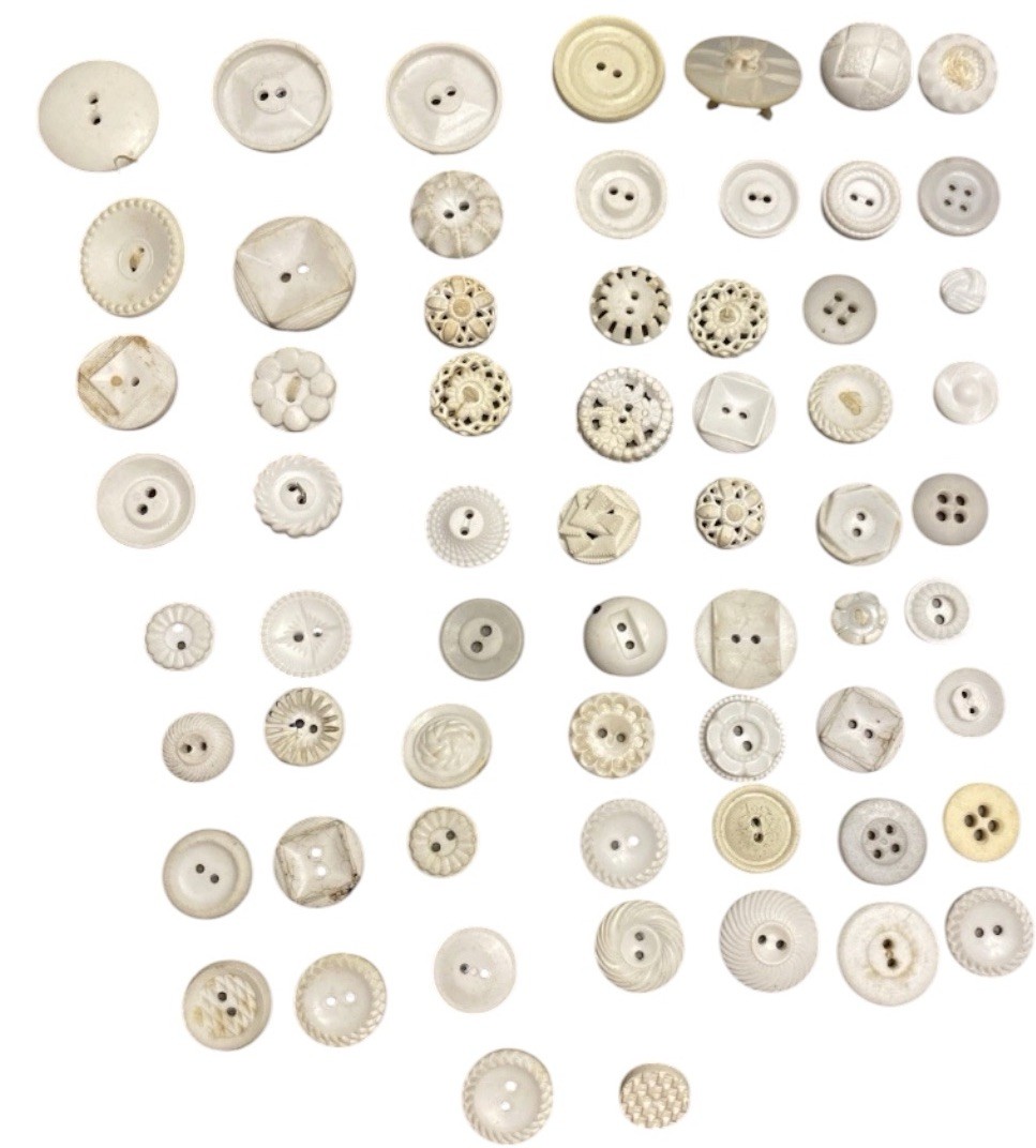 69 Vintage White & Ivory Buttons Mixed Shapes Early Plastic Sewing Lot