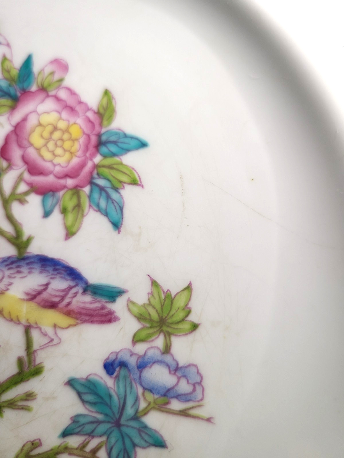 Antique Minton Cuckoo floral pattern scalloped edge dinner plate, MARKING