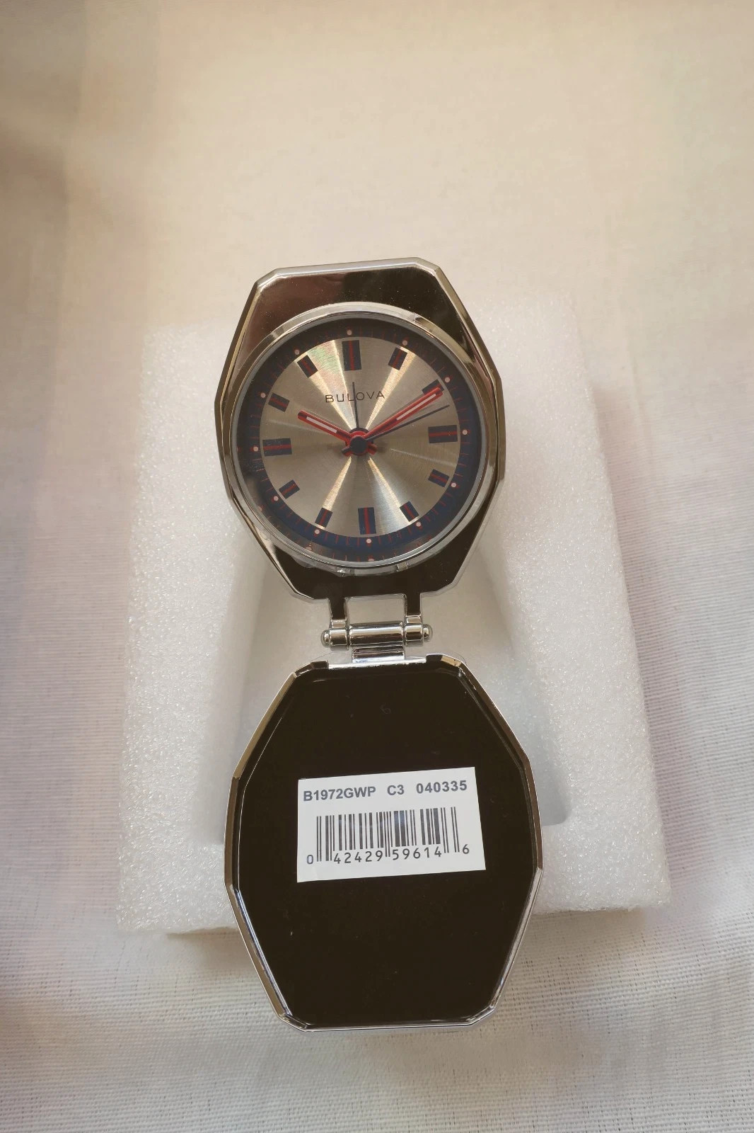 Bulova Folding Travel Alarm Clock – Silver-Tone Octagon Case, Red Accents, Quart