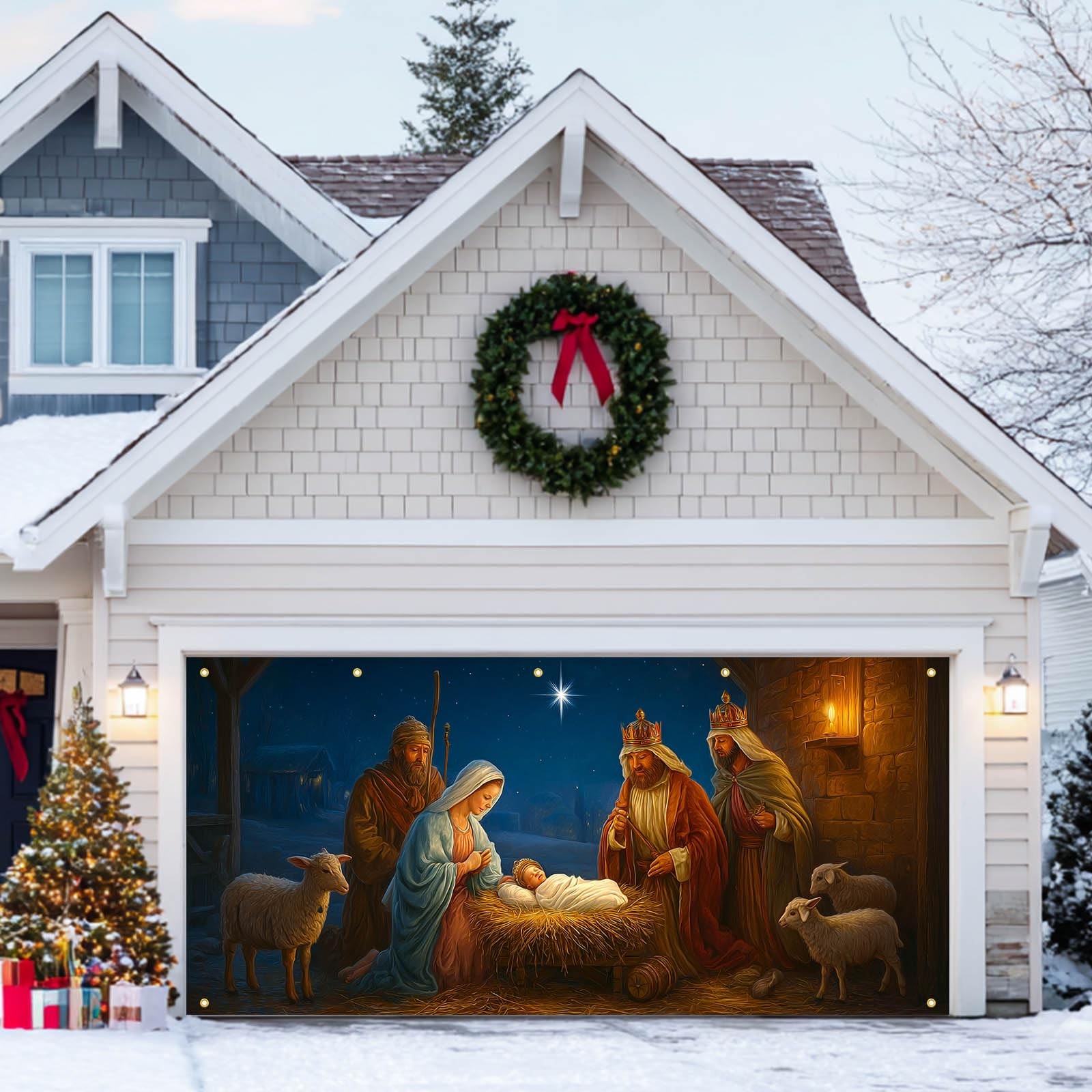 Nativity Scene Garage Door Banner 13x6ft Baby Jesus Backdrop with light Anima…