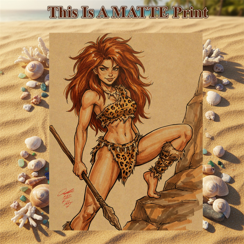 Cavewoman Color Illustration Mixed Media Fine Art Print 8.5×11 – Keyeske
