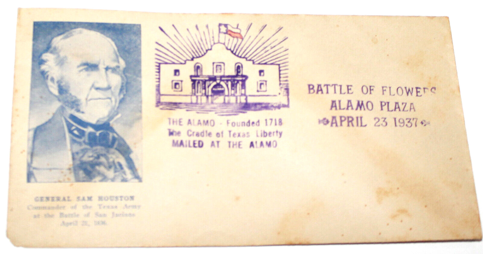 General Sam Houston Envelope Ephemera Battle of Flowers Texas