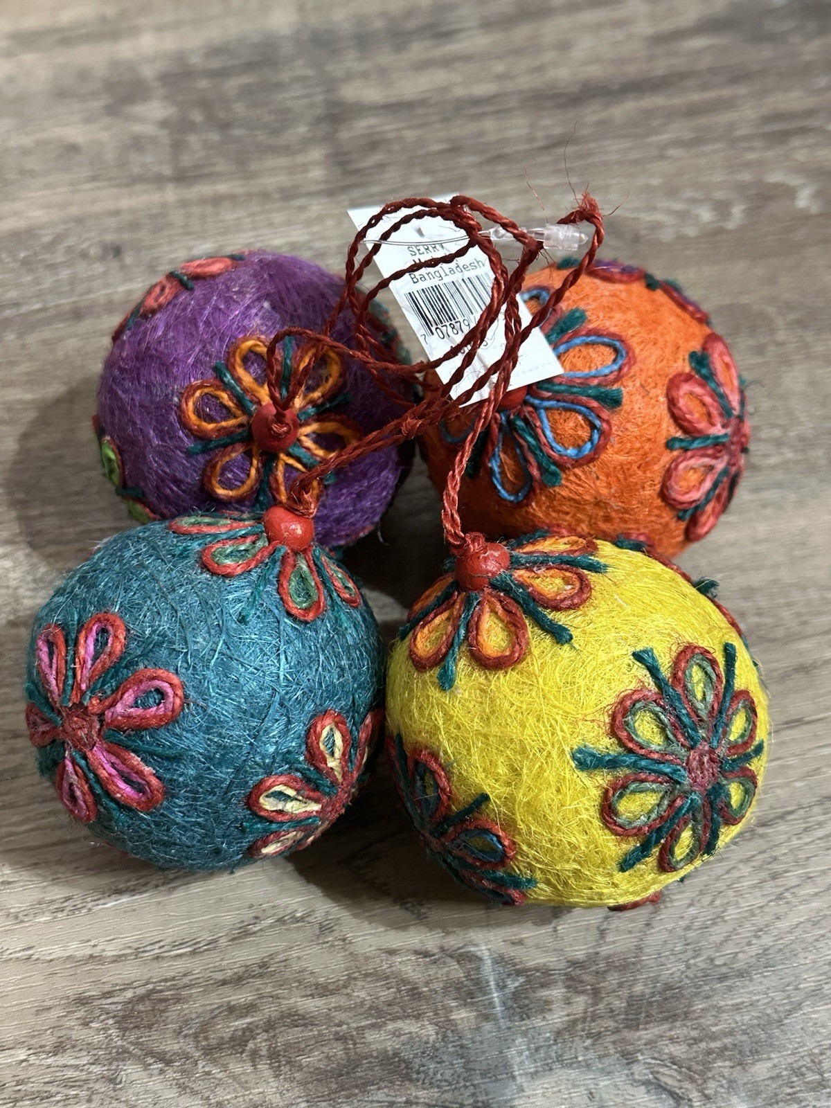 Jute Twine Ornament Set Round 2.75” Colorful Motif Boho Handmade Bangladesh