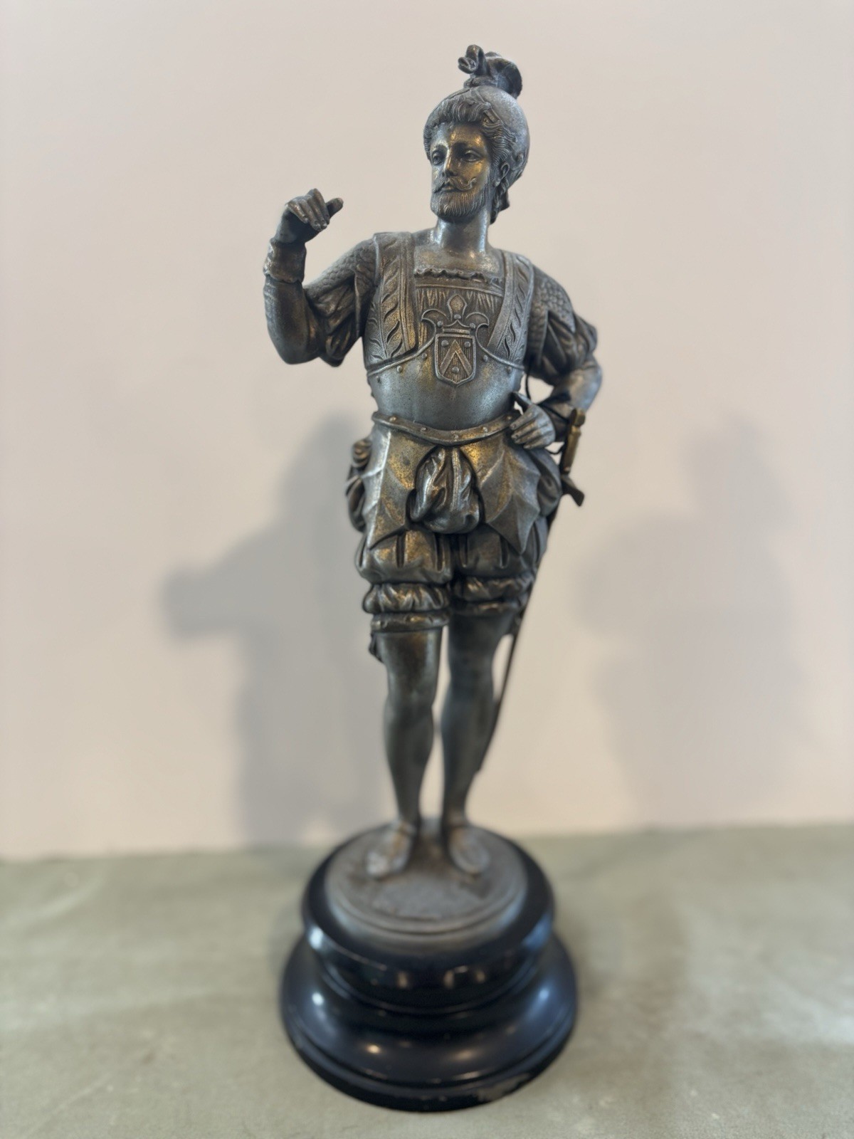 Antique French Spelter Cavalier Statue 15” Renaissance Nobleman c1860 Soldier